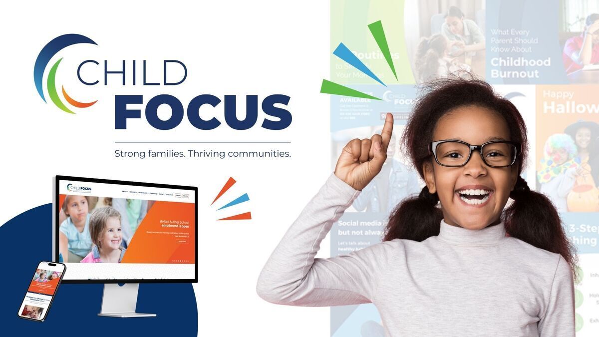 Girl thinking, laptop and phone with site, and Child Focus logo