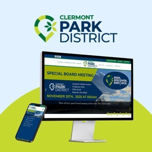 Clermont Parks website on phone and computer screen with logo