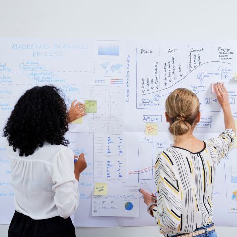 two business women mapping out marketing plan and data