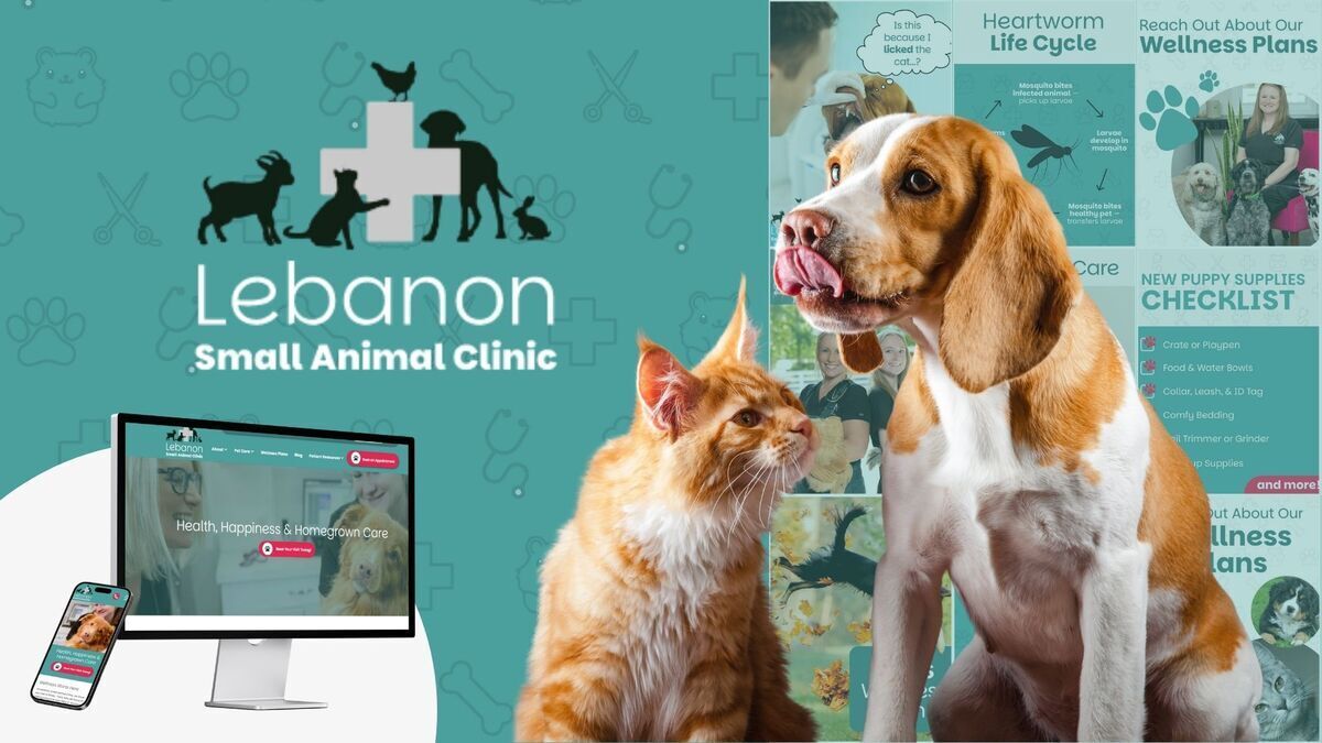 Lebanon Small Animal Clinic logo, cat and dog, and website on phone and computer