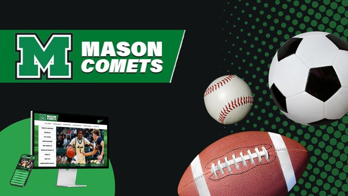 Mason Comets logo with website on computer and phone and sport balls