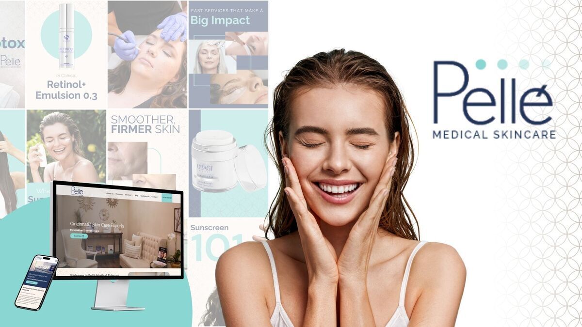 Woman smiling with Pelle logo and website on computer and phone