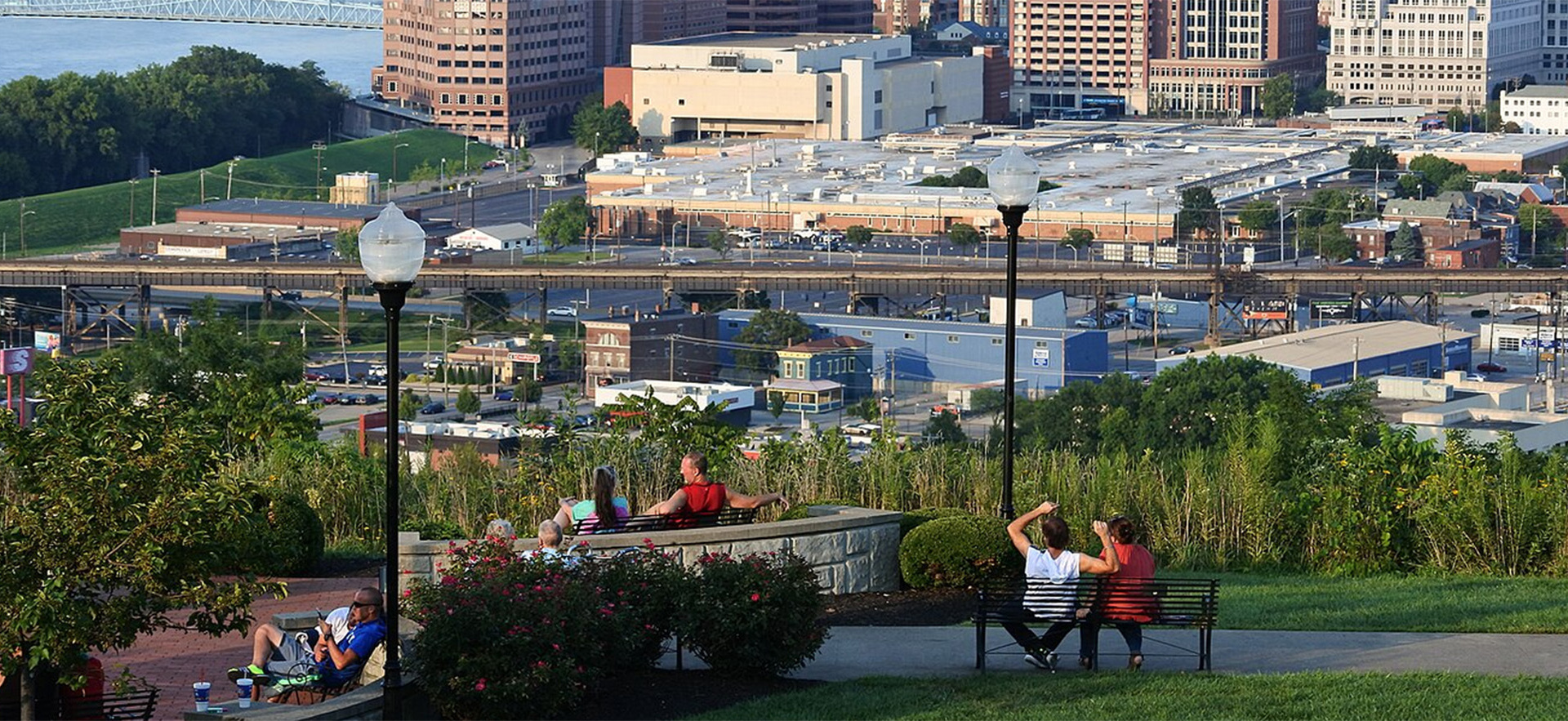 Park with people overlooking the city
