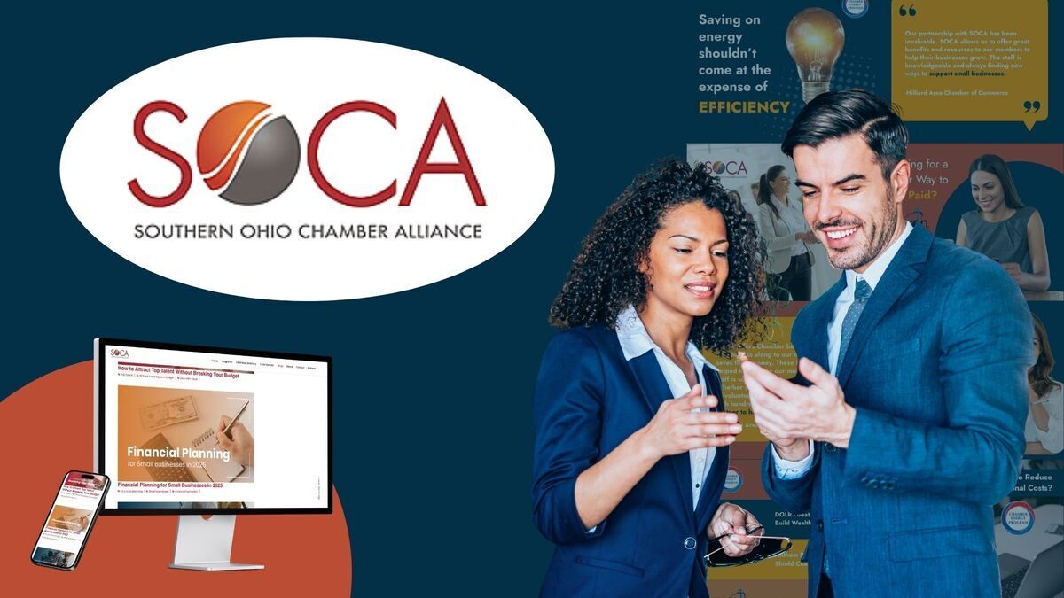 Southern Ohio Chamber Alliance logo, website on phone and computer, and people looking down