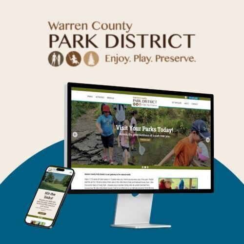 Warren County Parks website on phone and computer screen with logo