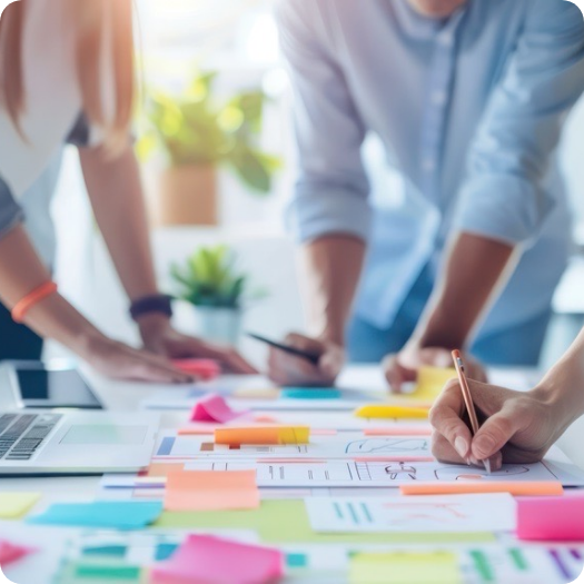 a group of people brainstorming with papers, sticky notes, and a laptop spread out on a table